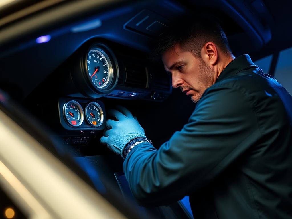 Technician servicing a car air conditioning system