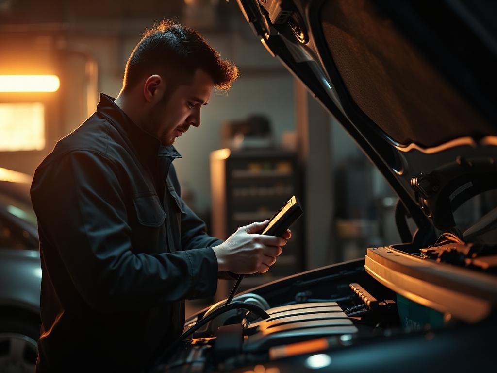 Technician using a diagnostic scanner on a car engine at Al Jubail Garage