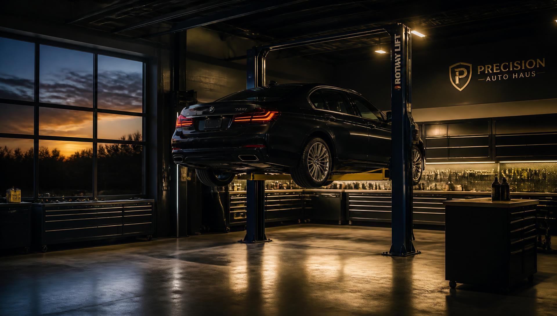 Car raised on a hydraulic lift inside the Al Jubail Garage workshop in Al Quoz, Dubai